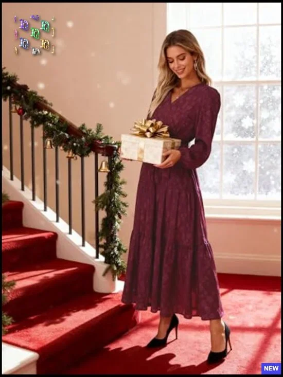 Long Sleeve Wrap V Neck Floral Maxi Dress Boho Chiffon Flowy Tie Waist - Picture 6 of 7